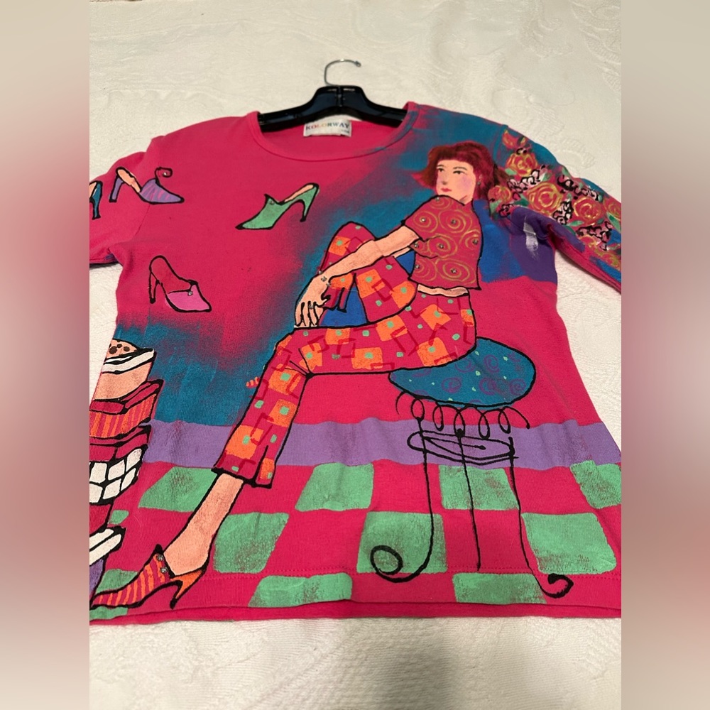 Hand painted wearable art shirt hot pink high heels lady S retro 3/4 sleeve
